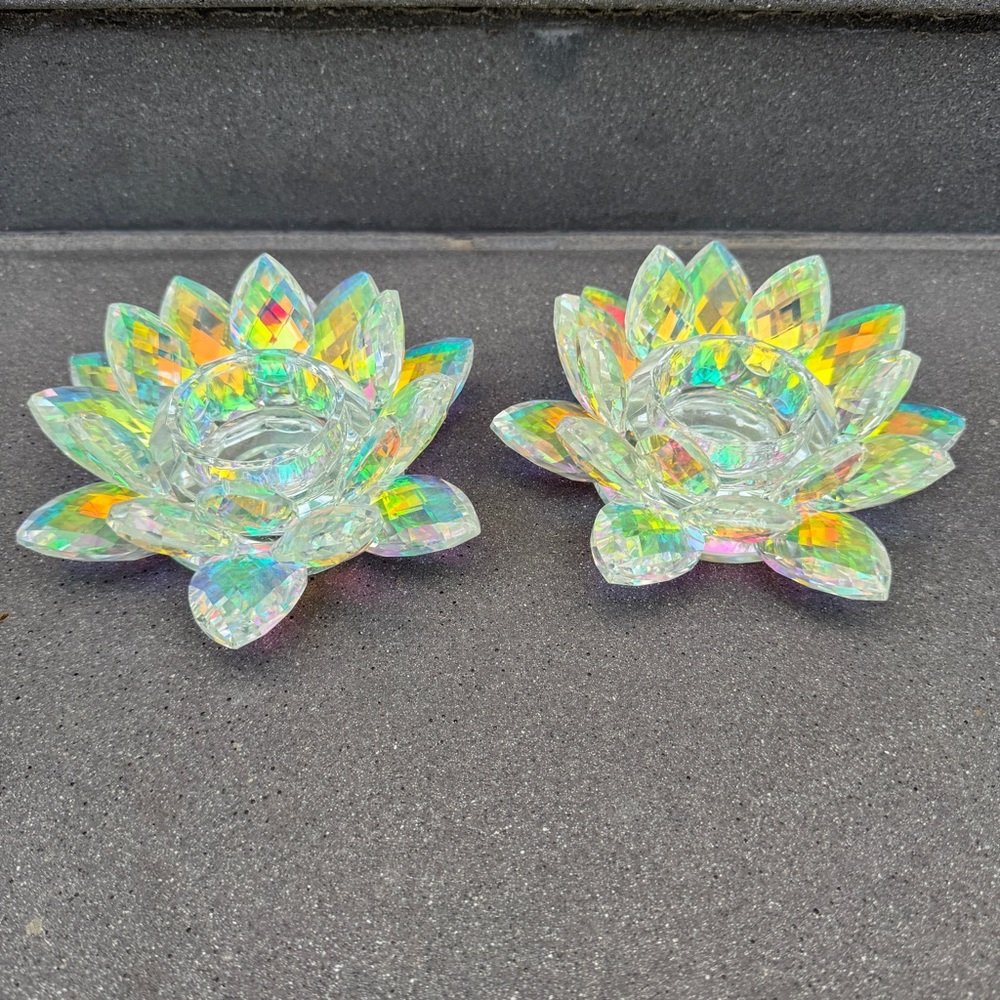 Z GALLERIE 2 pc LOTUS FLOWER candle holder crystal rainbow home decor iridescent